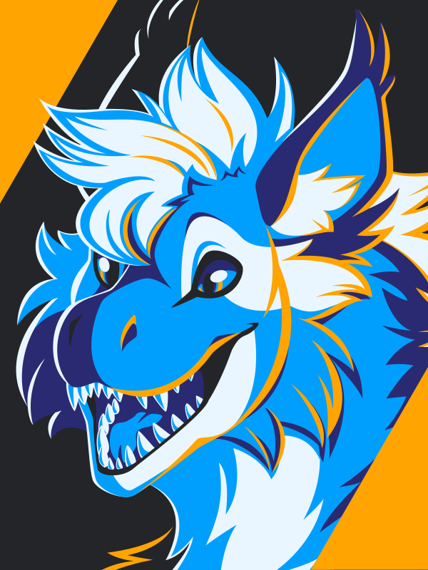 A vector portrait of an anthro dinosaur, drawn in flat colors: black, deep blue, sky blue, white, and yellow