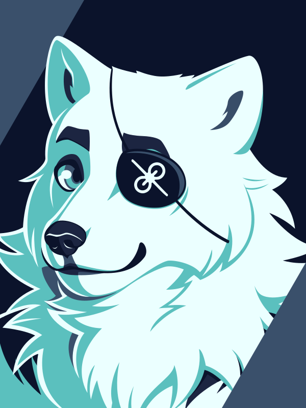 A vector portrait of an anthro arctic wolf wearing an eyepatch, drawn in flat colors: black, dark blue-gray, medium-dark blue-gray, cyan, and cool white