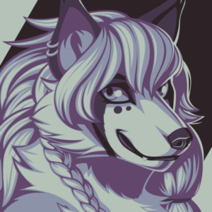 A vector portrait of an anthro wolf with braided hair, drawn in flat colors: black, dark purple, medium purple, gray-blue, and pale green