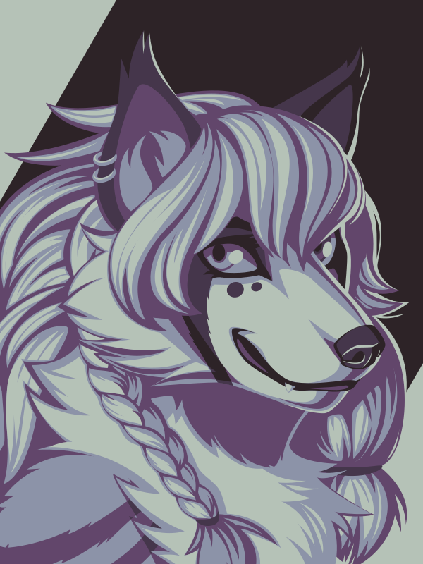 A vector portrait of an anthro wolf with braided hair, drawn in flat colors: black, dark purple, medium purple, gray-blue, and pale green