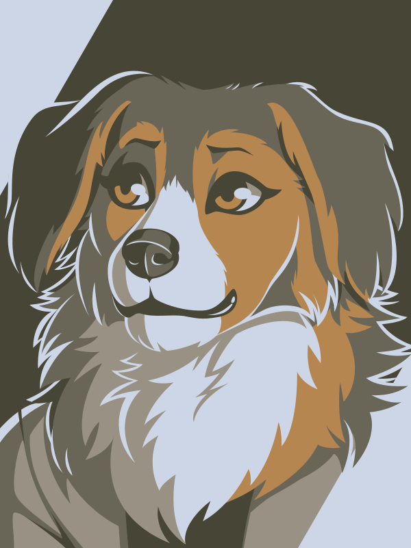 A vector portrait of an anthro Australian shepherd dog, drawn in flat colors: dark gray, medium gray, tan, orange-brown, and light cool gray