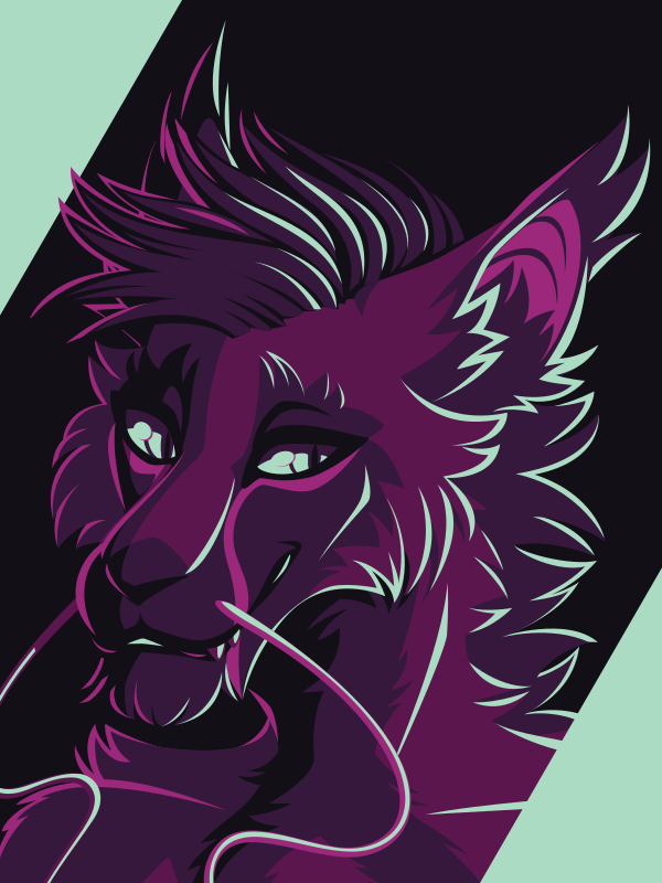 A vector portrait of an anthro vernid, drawn in flat colors: black, dark purple, purple-pink, bright pink, and light blue