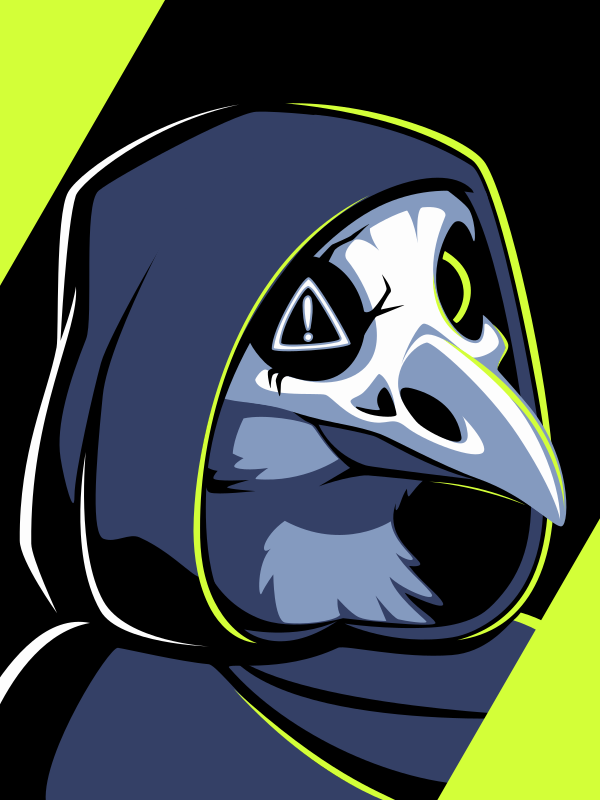 A vector portrait of an anthro crow wearing a skull mask and hood, drawn in flat colors: black, gray-blue, light gray-blue, white, and electric green