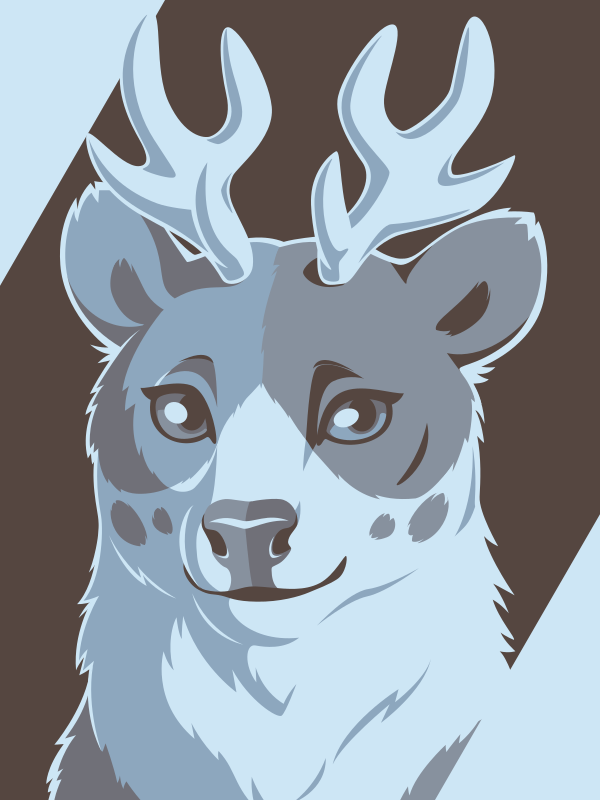 A vector portrait of an anthro bear-deer hybrid, drawn in flat colors: dark brown, dark gray, medium gray, blue-gray, and light blue
