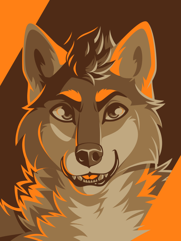 A vector portrait of an anthro wolf, drawn in flat colors: bright orange, and multiple shades of brown and tan