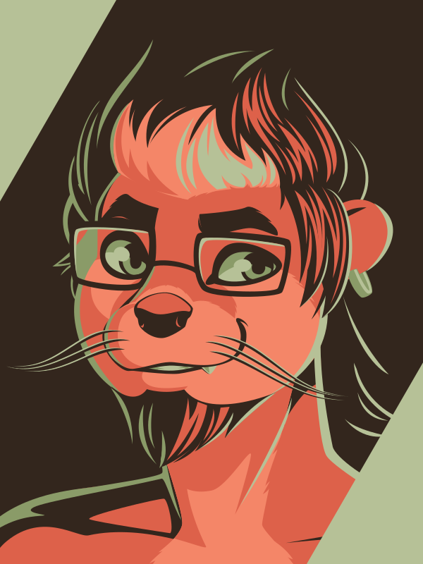 A vector portrait of an anthro otter with glasses and a dapper whisker-mustache, drawn in flat colors: dark brown, two shades of sage green, and two shades of pink-orange