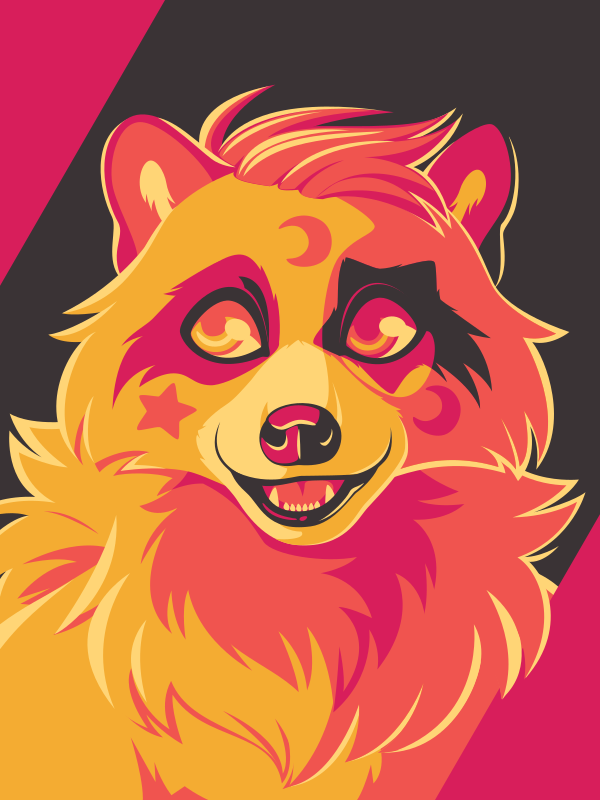 A vector portrait of an anthro raccoon with moon and star markings, drawn in flat colors: black, red, orange, and two shades of yellow