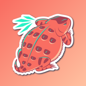 An abstract flat color illustration of a pygmy short-horned lizard, with a red-orange and light teal color scheme