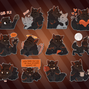 A collection of Telegram stickers of an anthro wolf. In them, he has big eyes and raises a paw saying "give please"; boops noses with another character; appears in a feral form and hugs another feral character; hugs a large heart and wags his tail with smaller hearts floating around; waves and says "'sup"; smiles innocently with wings and a halo; intently scribbles something in a notepad; happily howls at the moon; crouches down with a mischievous expression saying "yay"; points angrily to the viewer and shouts "how dare you use my own stickers against me!"; excitedly holds a toony leg of meat in his mouth by the bone; and holds two mugs of coffee as if offering one to the viewer