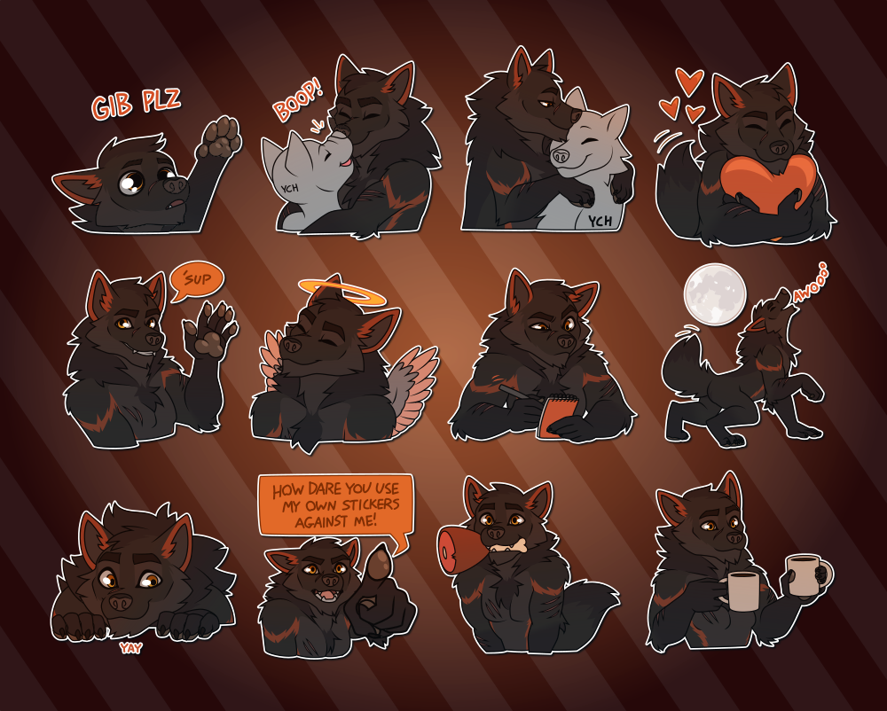 A collection of Telegram stickers of an anthro wolf. In them, he has big eyes and raises a paw saying "give please"; boops noses with another character; appears in a feral form and hugs another feral character; hugs a large heart and wags his tail with smaller hearts floating around; waves and says "'sup"; smiles innocently with wings and a halo; intently scribbles something in a notepad; happily howls at the moon; crouches down with a mischievous expression saying "yay"; points angrily to the viewer and shouts "how dare you use my own stickers against me!"; excitedly holds a toony leg of meat in his mouth by the bone; and holds two mugs of coffee as if offering one to the viewer