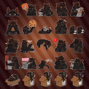 Telegram stickers of an anthro wolf. In them, he peeks over a surface; thinks fondly about paws; pats another character's head; blushes uncomfortably; puts a collar on another eager character; suggestively licks a donut; excitedly holds up a giant cookie; appears in feral form receiving belly rubs from another character; sweats nervously; looks at a letter, then peers intensely at it; attempts to stifle laughter; sits and wags his tail which thumps against the ground, with the text "happy wolf noises"; leaps headfirst toward the ground; looks at a message notification icon with annoyance; facepalms; pushes another blushing character up against a wall; holds a character's arm in his mouth as they say "oh noooo don't bite meeee!"; throws another character into the distance with the text "yeet"; knowingly points to his temple; looks confused as math equations float around him; wags his tail while sitting in a cardboard box; and dives into a wooden crate with four label variants: chew toys, cookies, fox box, and blank with no text.