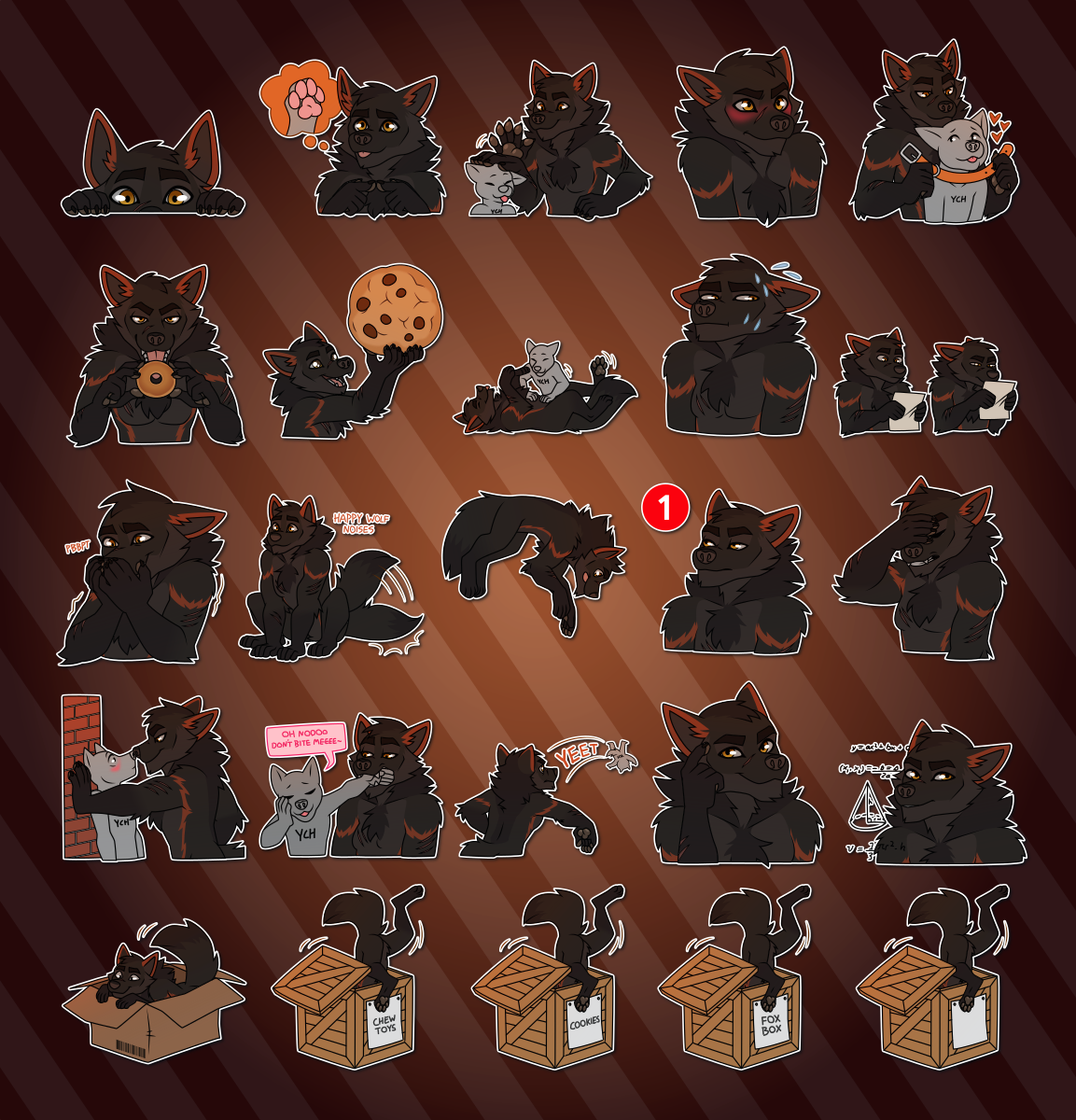 Telegram stickers of an anthro wolf. In them, he peeks over a surface; thinks fondly about paws; pats another character's head; blushes uncomfortably; puts a collar on another eager character; suggestively licks a donut; excitedly holds up a giant cookie; appears in feral form receiving belly rubs from another character; sweats nervously; looks at a letter, then peers intensely at it; attempts to stifle laughter; sits and wags his tail which thumps against the ground, with the text "happy wolf noises"; leaps headfirst toward the ground; looks at a message notification icon with annoyance; facepalms; pushes another blushing character up against a wall; holds a character's arm in his mouth as they say "oh noooo don't bite meeee!"; throws another character into the distance with the text "yeet"; knowingly points to his temple; looks confused as math equations float around him; wags his tail while sitting in a cardboard box; and dives into a wooden crate with four label variants: chew toys, cookies, fox box, and blank with no text.