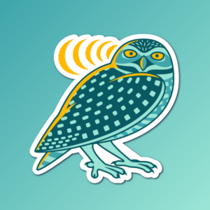 An abstract flat color illustration of a burrowing owl, with a teal and yellow color scheme