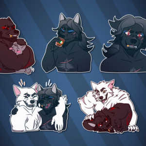 A collection of Telegram stickers of a scarred and grizzled anthro wolf. In them, he hugs a mich smaller character in his werewolf form, nearly crushing them; drinks a glass of whiskey decorated with an Irish flag in his regular form; smiles menacingly with glowing red eyes, one of which is twitching; stands with another old wolf as they both laugh at something; and gets pinned to the ground while wrestling with the other wolf, both in their stronger werewolf forms.