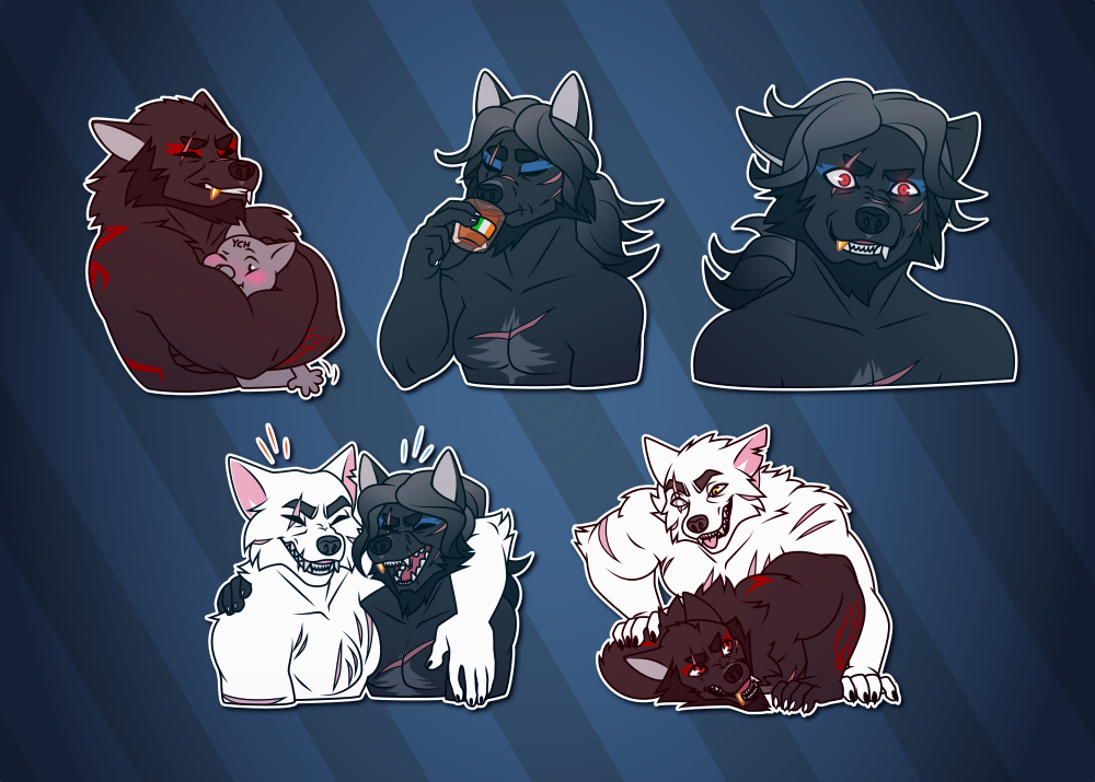 A collection of Telegram stickers of a scarred and grizzled anthro wolf. In them, he hugs a much smaller character in his werewolf form, nearly crushing them; drinks a glass of whiskey decorated with an Irish flag in his regular form; smiles menacingly with glowing red eyes, one of which is twitching; stands with another old wolf as they both laugh at something; and gets pinned to the ground while wrestling with the other wolf, both in their stronger werewolf forms.