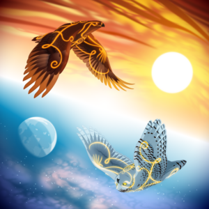 An illustration of two birds, a golden eagle and a snowy owl. On the top, the eagle flies towards a setting sun. On the bottom, upside down, the owl flies towards a moon shaded in multiple phases. The image can be flipped 180 degrees to show the owl on top and the eagle on the bottom. Both birds have swirling markings that glow yellow.