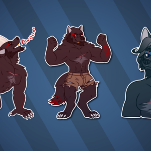 A collection of Telegram stickers of a scarred and grizzled anthro wolf. In them, he howls before the full moon in his larger werewolf form, complete with torn up shorts; flexes proudly in his werewolf form; and offers a content thumbs up in his regular form.