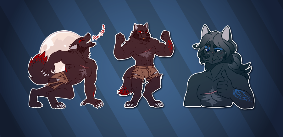 A collection of Telegram stickers of a scarred and grizzled anthro wolf. In them, he howls before the full moon in his larger werewolf form, complete with torn up shorts; flexes proudly in his werewolf form; and offers a content thumbs up in his regular form.
