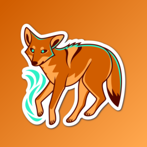 An abstract flat color illustration of a coyote, with an orange and turquoise color scheme