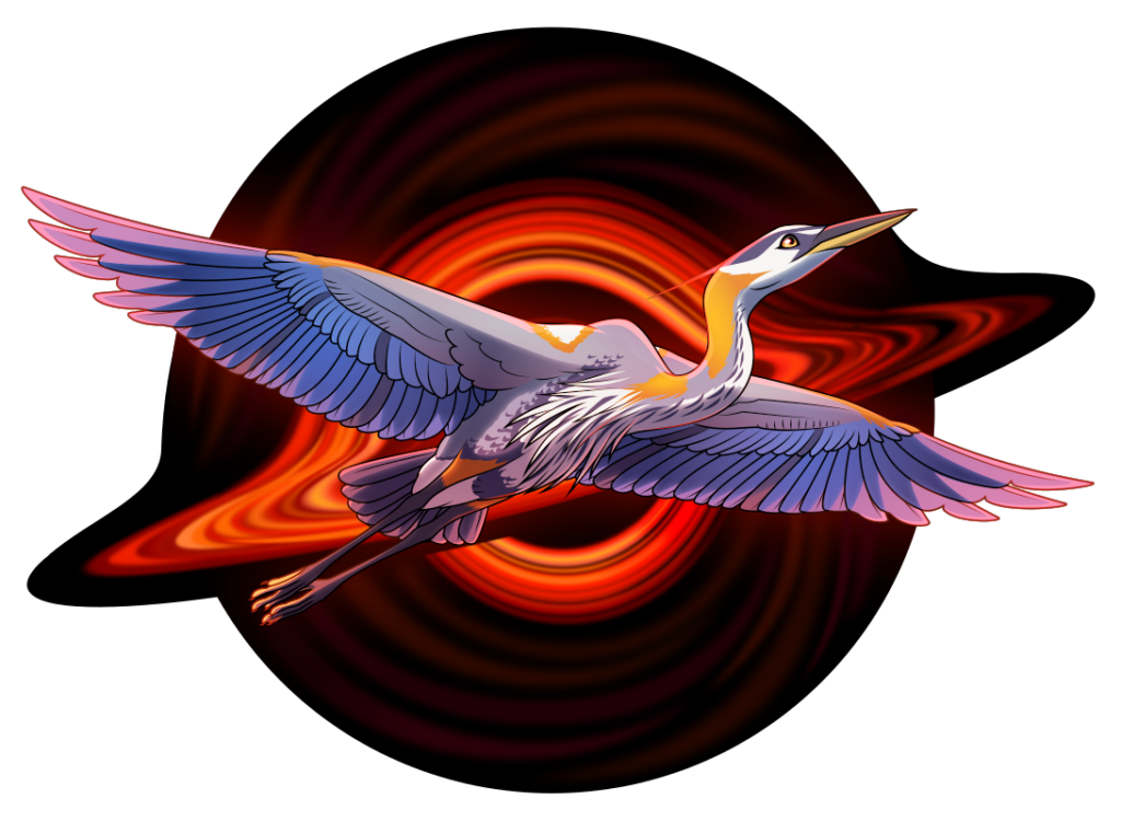 An illustration of a great blue heron in flight, looking upwards. Behind her is a black hole, with red light swirling and twisting in its field. Her markings are intended to evoke the design of the Chandra X-Ray Observatory.
