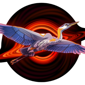 An illustration of a great blue heron in flight, looking upwards. Behind her is a black hole, with red light swirling and twisting in its field. Her markings are intended to evoke the design of the Chandra X-Ray Observatory.