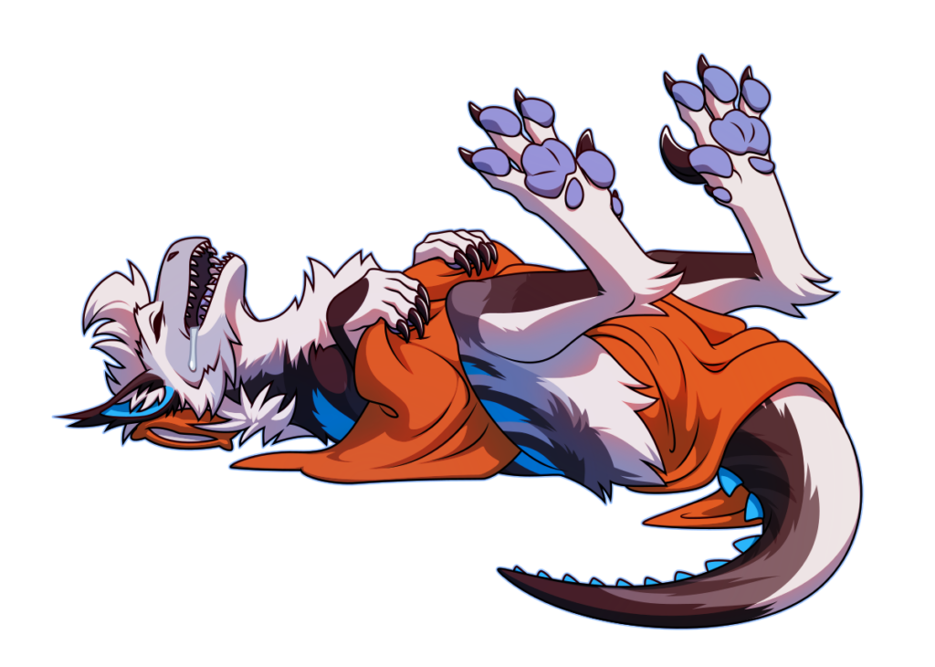 An illustration of a fluffy raptor-type dinosaur sleeping on her back with her feet up in the air. She's tangled in a slightly too-small orange blanket and her head rests on a tiny orange pillow. Her mouth is open and she's drooling.