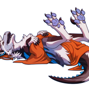 An illustration of a fluffy raptor-type dinosaur sleeping on her back with her feet up in the air. She's tangled in a slightly too-small orange blanket and her head rests on a tiny orange pillow. Her mouth is open and she's drooling.