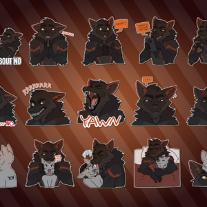 Telegram stickers of an anthro wolf. In them, he holds his paws out in front of him with large text reading "how about no"; clasps his paws together and looks excited, saying "eeee"; twiddles his thumbs with an innocent look and says "what?"; scrolls on his phone saying "there's a sticker for that"; holds up one hand in the "ok" gesture while looking impressed and satisfied, as in the meme of Pacha from The Emperor's New Groove; looks horrified while saying "no... just no."; growls and bares his teeth; yawns really big, showing all his teeth; stares at the viewer in mild irritation, with one ear twitching; glares at the viewer in annoyance with his ears pinned back; playfully bites another character's entire muzzle; holds another character's head in his paws while sniffing them; licks another character's face, slobbering all over them; snuggles in bed while embracing another character; and looks up in mild annoyance at a smaller character sitting on his head.
