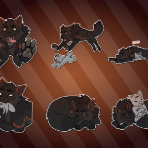 Telegram stickers of a feral wolf. In them, he pounces toward the viewer, looking slightly deranged; pounces at a smaller feral character he's chasing; flops onto a smaller feral character; carries a smaller feral characterin his maw; curls up in a relaxed pose, but with ears up and one eye open; and curls up around a relaxing anthro character.