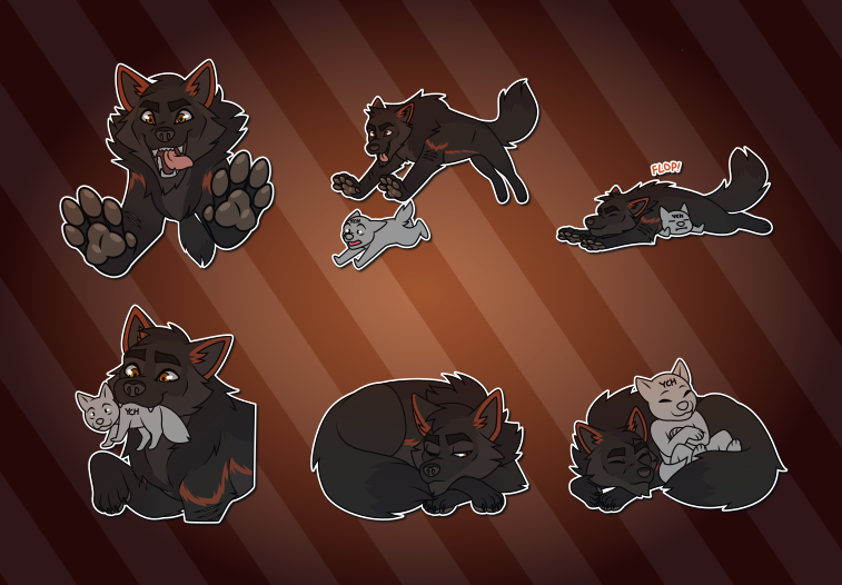Telegram stickers of a feral wolf. In them, he pounces toward the viewer, looking slightly deranged; pounces at a smaller feral character he's chasing; flops onto a smaller feral character; carries a smaller feral character in his maw; curls up in a relaxed pose, but with ears up and one eye open; and curls up around a relaxing anthro character.
