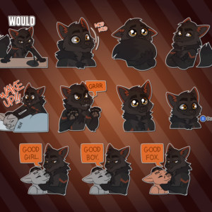 Telegram stickers of a toony anthro wolf. In them, he leans into a microphone with his paws on the table with large text reading "would"; nods enthusiastically; hugs his large fluffy tail while looking up with big wet eyes; crosses his arms and rolls his eyes, looking annoyed; shoves another character who sleeps in a bed, shouting "wake up!"; holds up his paws and growls "grrr"; looks up at the viewer innocently with large eyes; stares forward looking unimpressed next to "press X to doubt"; pets another character while saying "good girl; pets another character while saying "good boy"; and pets a fox character while saying "good fox".