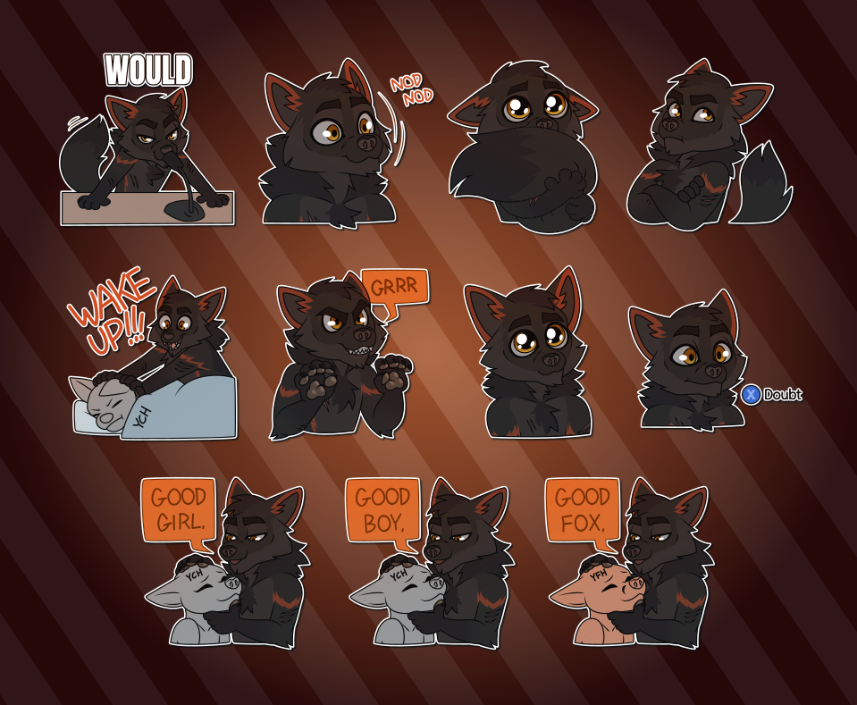Telegram stickers of a toony anthro wolf. In them, he leans into a microphone with his paws on the table with large text reading "would"; nods enthusiastically; hugs his large fluffy tail while looking up with big wet eyes; crosses his arms and rolls his eyes, looking annoyed; shoves another character who sleeps in a bed, shouting "wake up!"; holds up his paws and growls "grrr"; looks up at the viewer innocently with large eyes; stares forward looking unimpressed next to "press X to doubt"; pets another character while saying "good girl"; pets another character while saying "good boy"; and pets a fox character while saying "good fox".