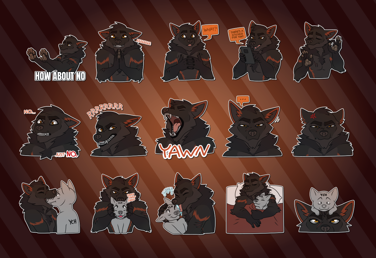 Telegram stickers of an anthro wolf. In them, he holds his paws out in front of him with large text reading "how about no"; clasps his paws together and looks excited, saying "eeee"; twiddles his thumbs with an innocent look and says "what?"; scrolls on his phone saying "there's a sticker for that"; holds up one hand in the "ok" gesture while looking impressed and satisfied, as in the meme of Pacha from The Emperor's New Groove; looks horrified while saying "no... just no."; growls and bares his teeth; yawns really big, showing all his teeth; stares at the viewer in mild irritation, with one ear twitching; glares at the viewer in annoyance with his ears pinned back; playfully bites another character's entire muzzle; holds another character's head in his paws while sniffing them; licks another character's face, slobbering all over them; snuggles in bed while embracing another character; and looks up in mild annoyance at a smaller character sitting on his head.