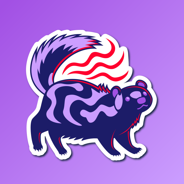 An abstract flat color illustration of a spotted skunk, with an purple and red color scheme