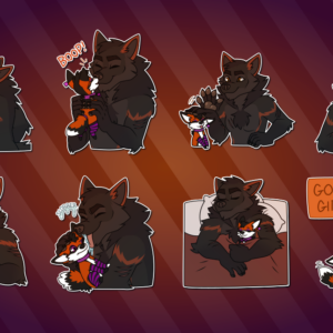 Telegram stickers of an anthro wolf and tiny feral fox wearing socks and a collar. In them, the wolf pins the fox against a wall and boops her snoot with his; the wolf holds up the fox close to his face and the two happily boop snoots; the wolf pats the fox on her head; the wolf puts the fox's collar on her as she sits in front of him; the wolf holds up the fox, both facing the viewer, and sniffs the top of her head; the wolf licks the fox's face, slobbering on her; the pair cuddle in bed together; and the wolf pets the fox while saying 'good girl.'