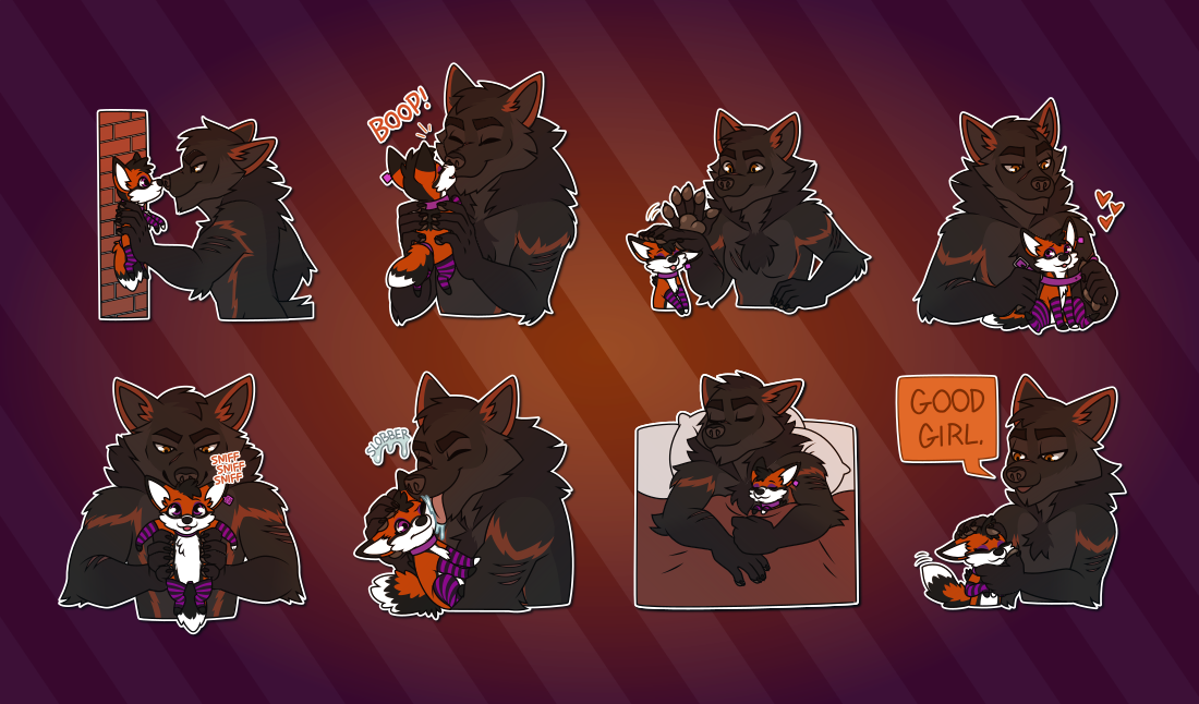 Telegram stickers of an anthro wolf and tiny feral fox wearing socks and a collar. In them, the wolf pins the fox against a wall and boops her snoot with his; the wolf holds up the fox close to his face and the two happily boop snoots; the wolf pats the fox on her head; the wolf puts the fox's collar on her as she sits in front of him; the wolf holds up the fox, both facing the viewer, and sniffs the top of her head; the wolf licks the fox's face, slobbering on her; the pair cuddle in bed together; and the wolf pets the fox while saying 'good girl.'