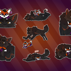 Telegram stickers of a feral wolf and tiny feral fox wearing socks and a collar. In them, the fox sits atop the wolf's head looking pleased while he looks annoyed; the fox gives the wolf belly rubs; the wolf holds the fox close in a hug; the wolf walks somewhere carrying the fox in his mouth; the wolf pounces at the fox who's trying to run away; the wolf lands on the fox, who looks annoyed; and the wolf curls around the fox, who leans against him, as they both relax