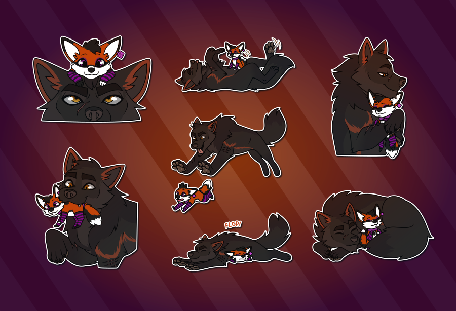 Telegram stickers of a feral wolf and tiny feral fox wearing socks and a collar. In them, the fox sits atop the wolf's head looking pleased while he looks annoyed; the fox gives the wolf belly rubs; the wolf holds the fox close in a hug; the wolf walks somewhere carrying the fox in his mouth; the wolf pounces at the fox who's trying to run away; the wolf lands on the fox, who looks annoyed; and the wolf curls around the fox, who leans against him, as they both relax
