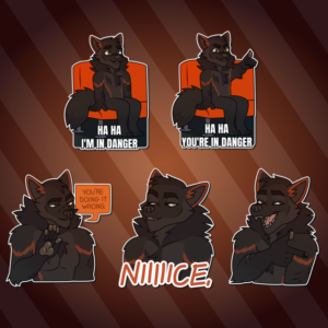 Telegram stickers of an anthro wolf. In them, he sits on a bus seat, smiling serenely and saying 'haha, I'm in danger'; sits in the same bus seat, now pointing toward the viewer and saying 'haha, you're in danger!'; holds up one hand and firmly says 'you're doing it wrong'; looks smugly pleased while saying 'nice'; and wears a goofy grin and points as if to say 'gotcha!'