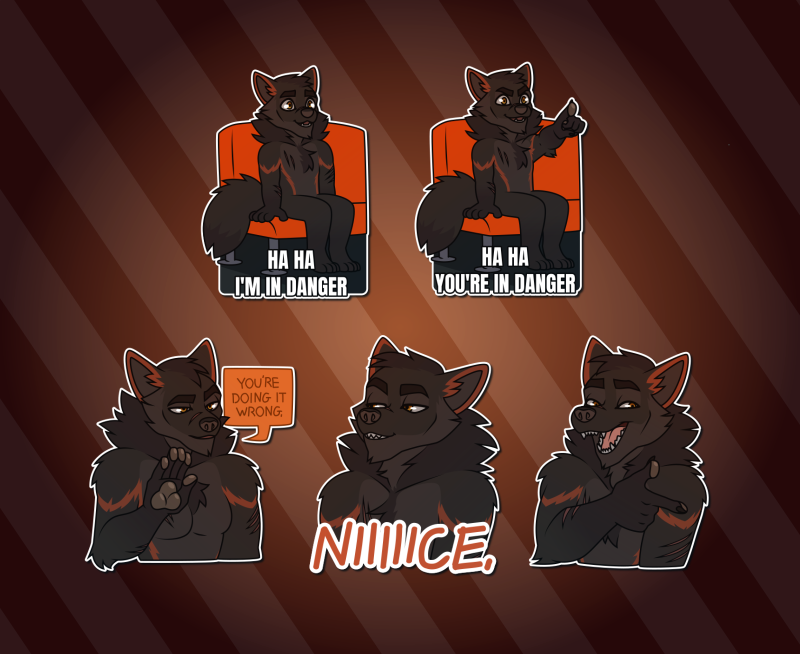 Telegram stickers of an anthro wolf. In them, he sits on a bus seat, smiling serenely and saying 'haha, I'm in danger'; sits in the same bus seat, now pointing toward the viewer and saying 'haha, you're in danger!'; holds up one hand and firmly says 'you're doing it wrong'; looks smugly pleased while saying 'nice'; and wears a goofy grin and points as if to say 'gotcha!'