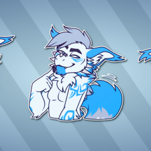 Telegram stickers of an anthro dragon with large ears, facial horns, and a fluffy tail. In them, he hugs another character; looks mischievously to one side while his tail wags; and nods yes enthusiastically.