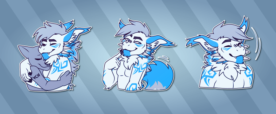 Telegram stickers of an anthro dragon with large ears, facial horns, and a fluffy tail. In them, he hugs another character; looks mischievously to one side while his tail wags; and nods yes enthusiastically.