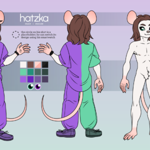 A reference sheet of an anthro white mouse named Hatzka. He has short white fur, slightly wavy shoulder-length brown hair, and heterochromia - his right eye is deep green and his left is deep purple. He has a thin, delicate build. He wears a loose tee, sweatpants, and moccasin-style shoes. His outfit is split down the middle in color, with the his right side being green and his left side being purple, much like his eyes. He wears large square glasses. A dotted circle on his top-right side of his shirt is a placeholder - its design can be changed using a setting on the smart watch he's wearing.