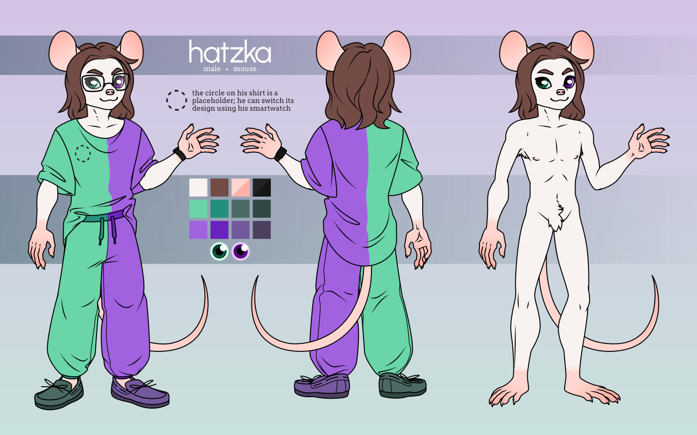 A reference sheet of an anthro white mouse named Hatzka. He has short white fur, slightly wavy shoulder-length brown hair, and heterochromia - his right eye is deep green and his left is deep purple. He has a thin, delicate build. He wears a loose tee, sweatpants, and moccasin-style shoes. His outfit is split down the middle in color, with the his right side being green and his left side being purple, much like his eyes. He wears large square glasses. A dotted circle on his top-right side of his shirt is a placeholder - its design can be changed using a setting on the smart watch he's wearing.