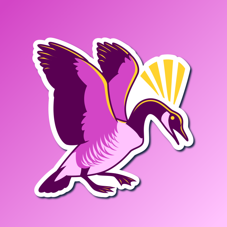 An abstract flat color illustration of a Canada goose, with a purple-pink and yellow color scheme