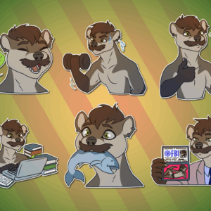 Telegram stickers of an anthro otter with a moustache. In them, he happily squeaks; lifts a dumbell with a determined expression; squeaks while giving two thumbs up; types at a laptop surrounded by stacks of books; vacantly holds a fish in his mouth; and presents his wallet, showing an official-looking ID and a seemingly-private lewd photo.