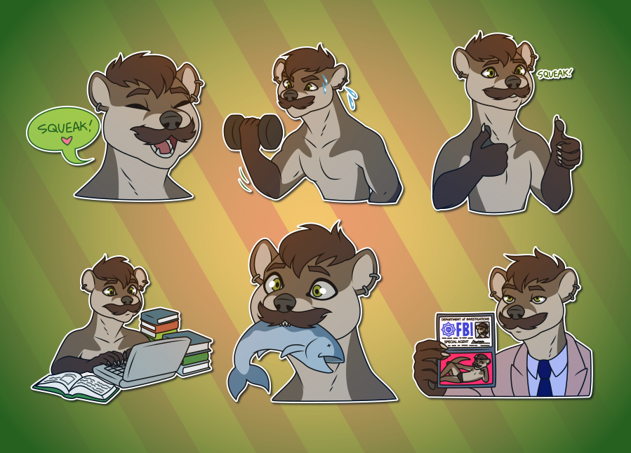 Telegram stickers of an anthro otter with a moustache. In them, he happily squeaks; lifts a dumbell with a determined expression; squeaks while giving two thumbs up; types at a laptop surrounded by stacks of books; vacantly holds a fish in his mouth; and presents his wallet, showing an official-looking ID and a seemingly-private lewd photo.