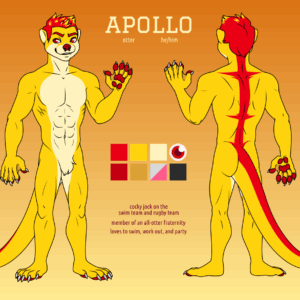 A reference sheet of an anthro otter named Apollo. His fur is short and bright yellow, with a light yellow belly and bright red stripe down his back. His hair is bright red with yellow tips, and his eyes, nose, and pawpads are red. He has a lean and muscular physique and wears a septum piercing. He's a cocky jock who's on the swim team and rugby team, is a member of an all-otter fraternity, and loves to swim, work out, and party.