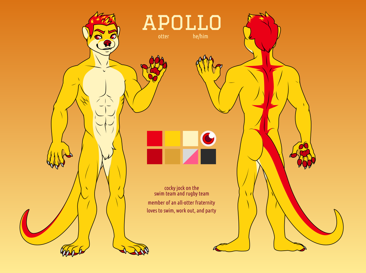 A reference sheet of an anthro otter named Apollo. His fur is short and bright yellow, with a light yellow belly and bright red stripe down his back. His hair is bright red with yellow tips, and his eyes, nose, and pawpads are red. He has a lean and muscular physique and wears a septum piercing. He's a cocky jock who's on the swim team and rugby team, is a member of an all-otter fraternity, and loves to swim, work out, and party.
