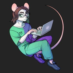 An illustration of a white mouse with wavy brown hair wearing a loose-fitting green and purple tee and green and purple sweats, with moccasin-style shoes in the same colors. He floats in a relaxed seated pose, looking at the viewer with his hands on a floating laptop. His long mouse tail curves in an arc to form a circle shape with his body.
